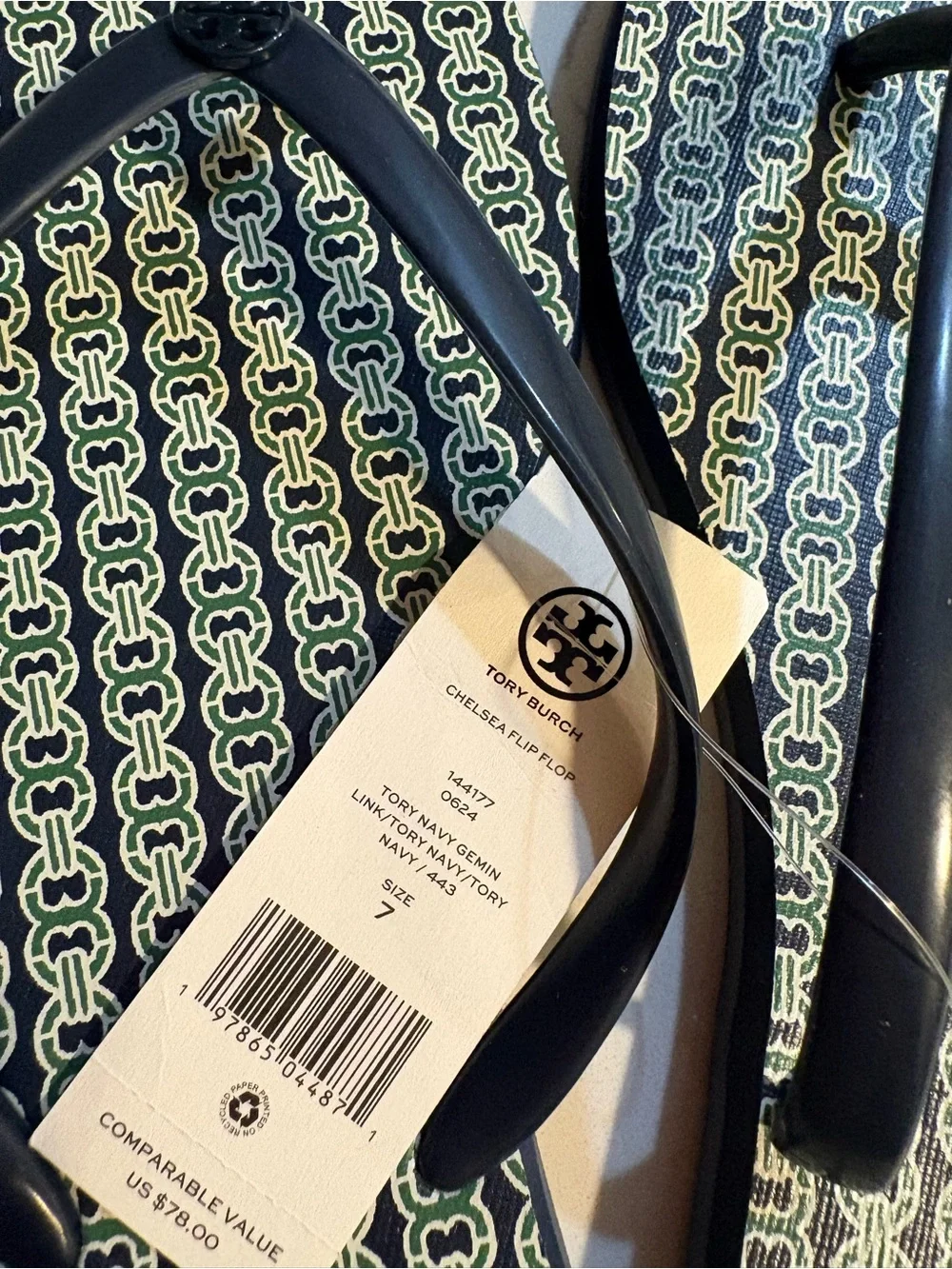 Tory Burch Navy Patterned Logo-Print Flip Flop Sandals